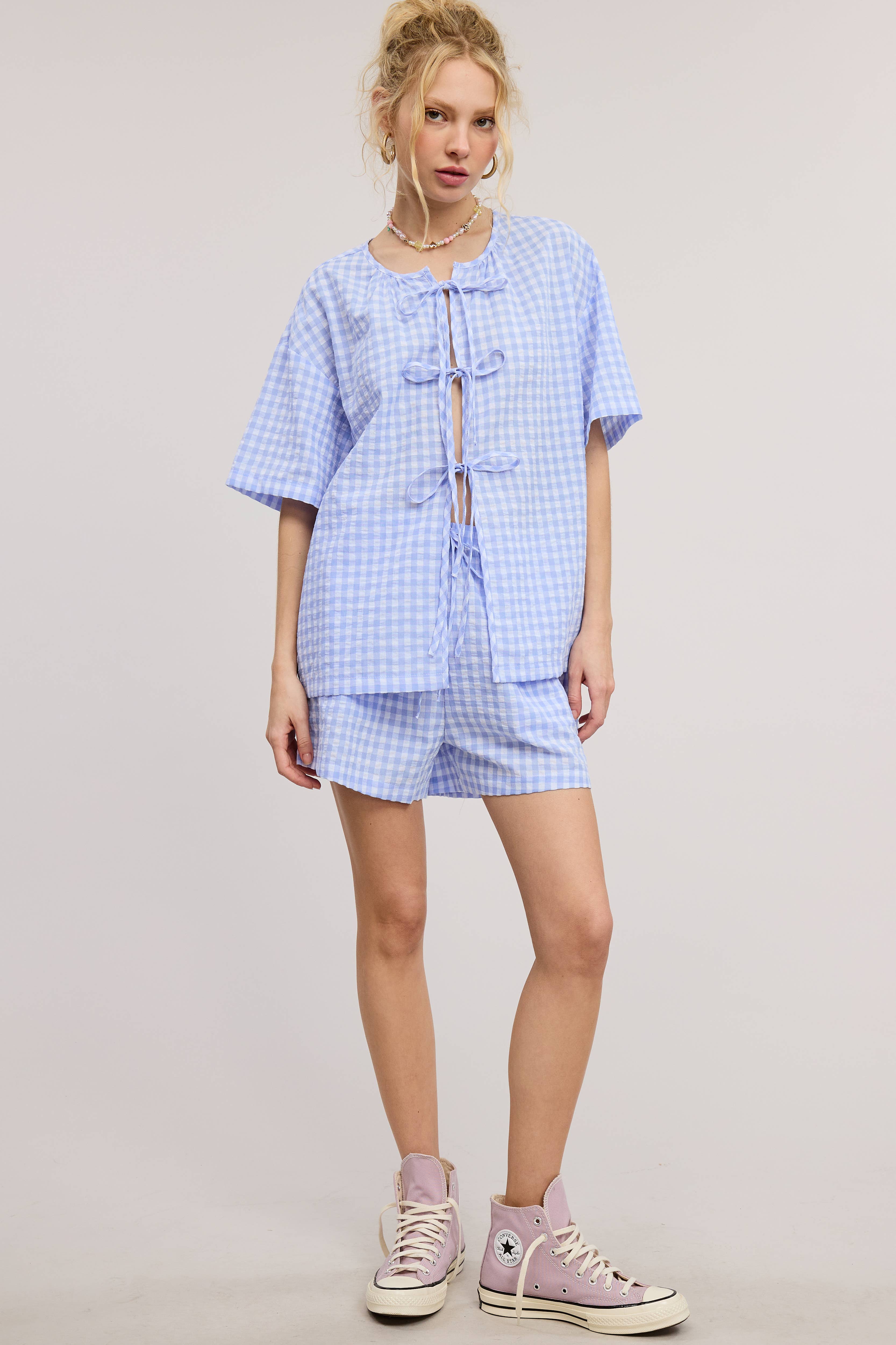 Mimosa - Wholesale Top & Short Set (NOT Loungewear) - Women's - Gingham Open Front Self Tie Top and Shorts Matching Set7