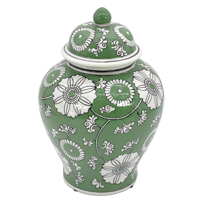 Galt International Company - Wholesale Decorative Jar - Green & White Ceramic Chinoiserie Jar 12"