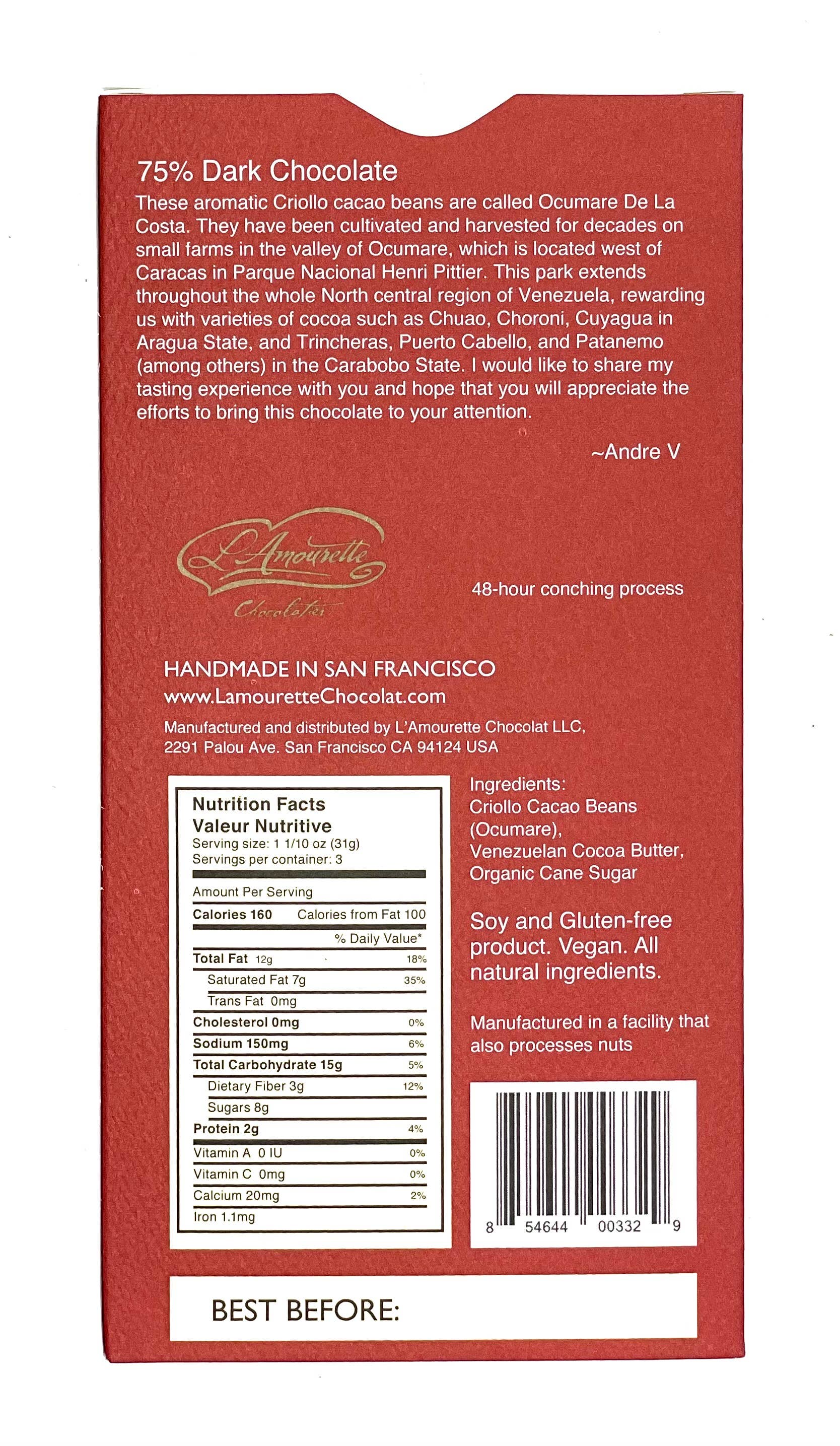 L'Amourette Chocolat - Wholesale Chocolate Bar - 75% Dark Chocolate Ocumare (Venezuela) limited edition2