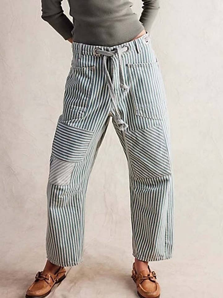 Dipped Shop - Wholesale Pants – Women's - Casual Splice Striped Drawstring Wide Leg Pants DP25D9193