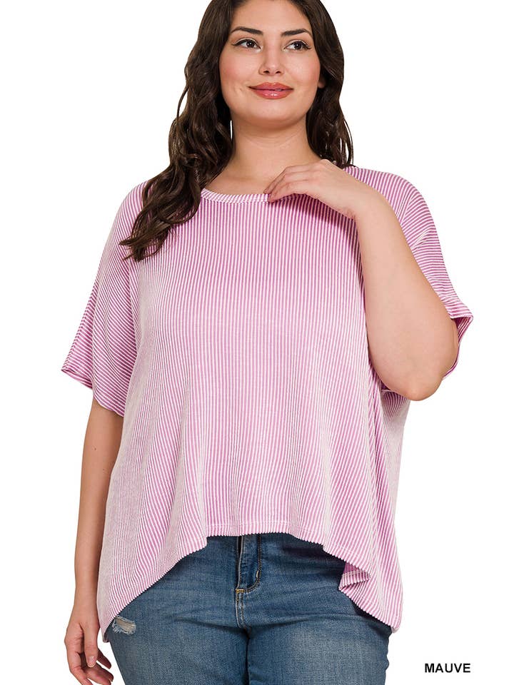 42POPS - Wholesale Knit Top - Women's - `.Plus size Ribbed Striped Oversized Short Slee22