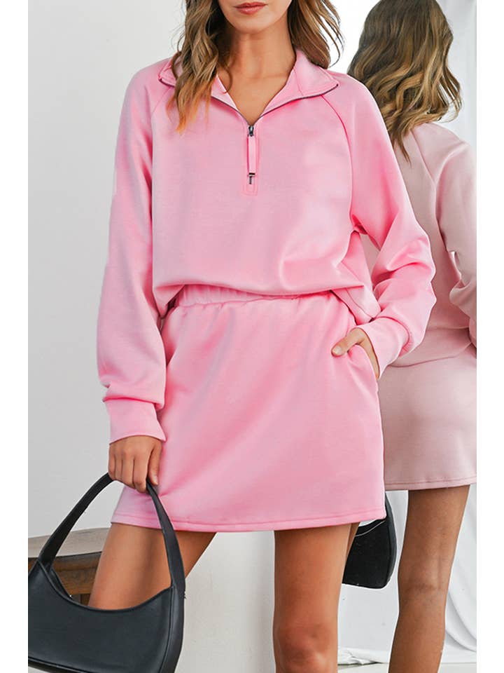 Aapparella - Wholesale Top & Skirt Set - Women's - Solid Half Zip Front Pullover & Mini Skirt 2 Pcs Set | S-XL16