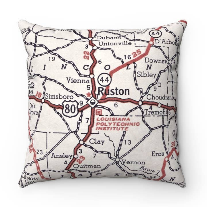 Louisiana Tech Map Pillow – 18" Square Throw Pillow for wholesale by Daisy Mae Designs