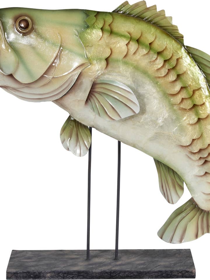 Lakeside Bass on Stand 16.5x14.25" - Metal & Capiz Art for wholesale by HS Seashells