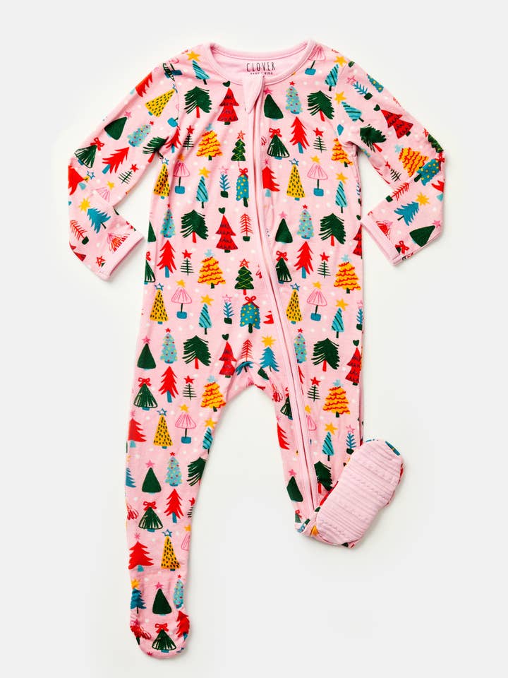 Clover Baby & Kids - Wholesale Sleepsuit - Baby - Soft & Stretchy Zipper Footie - Christmas Trees Pink