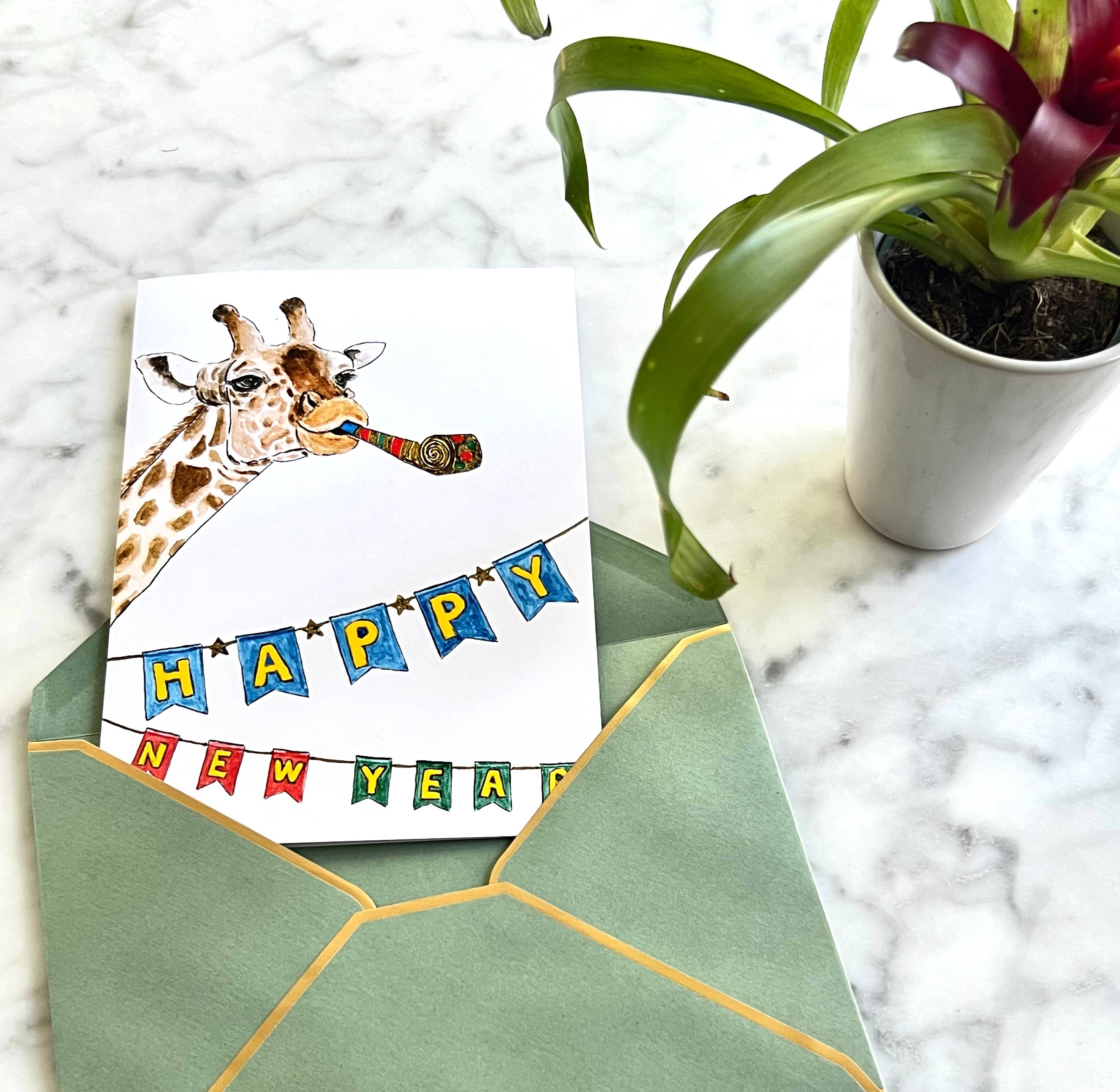 Flower Bird Art Studio - Wholesale New Year's Card - Giraffe with party blower and Happy New Year banner1