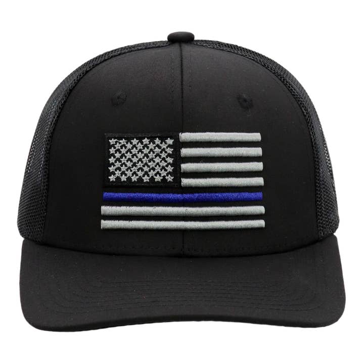 Cap Zone - Wholesale Trucker Hat - Unisex - Police Blue Line American Flag Mesh Trucker Hat