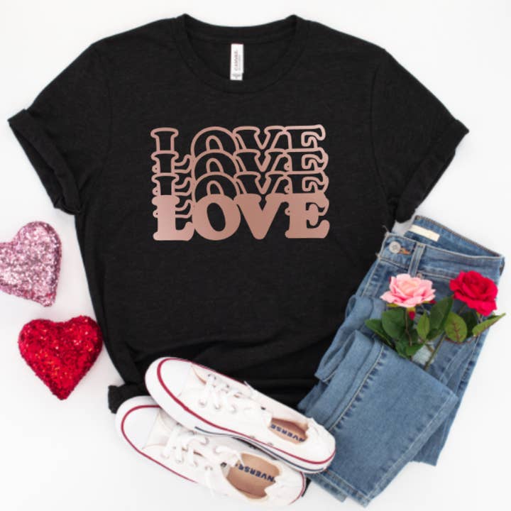 Love More Unisex Tee, Cute Valentines, black with rose gold for wholesale by Nickel & Dyme Designs