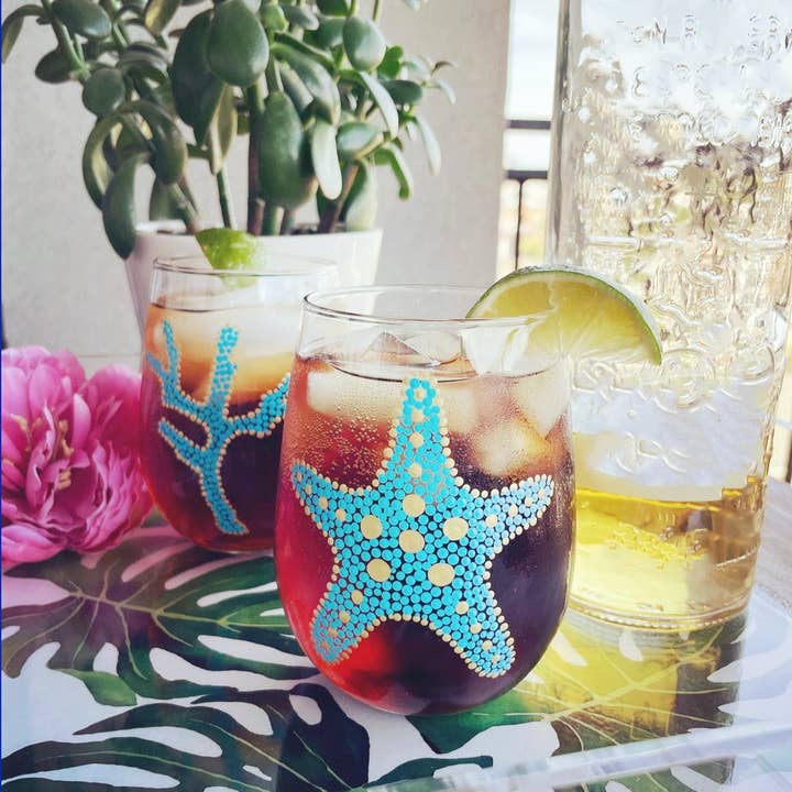 Aqua Gold Hand Painted Sea Motif Stemless Wine Glasses S/4, Aqua/Gold for wholesale on Faire2