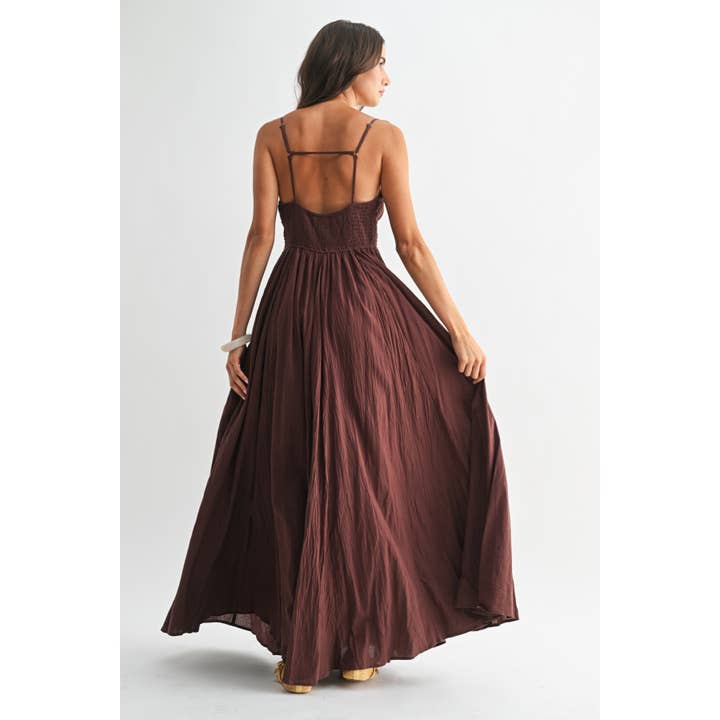 BROWN MAXI DRESS WITH RUCHED BODICE AND ADJUSTABLE STRAP for wholesale on Faire10