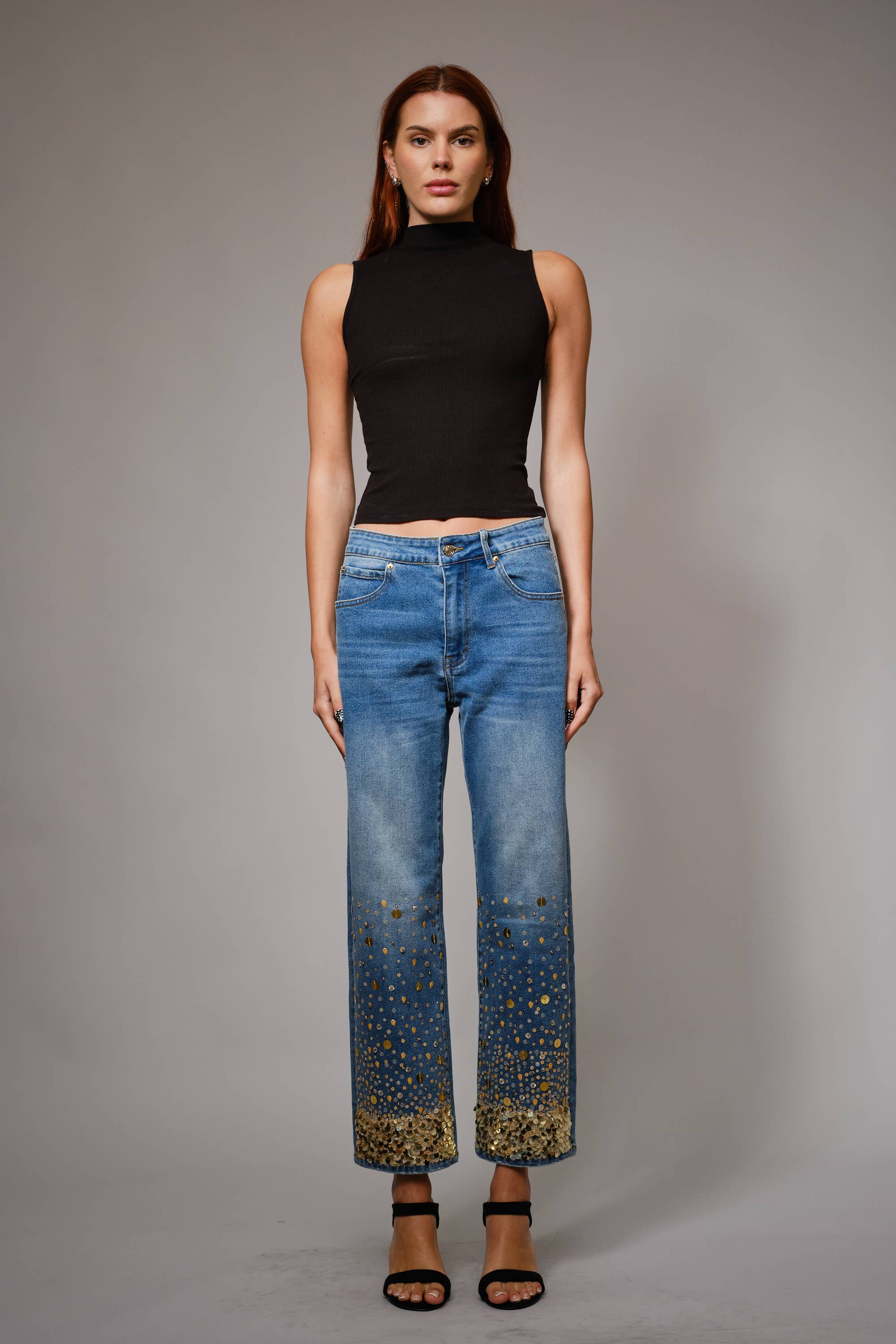 MED WASH 91499P - Gold Sequin Straight Leg Jeans for wholesale on Faire4