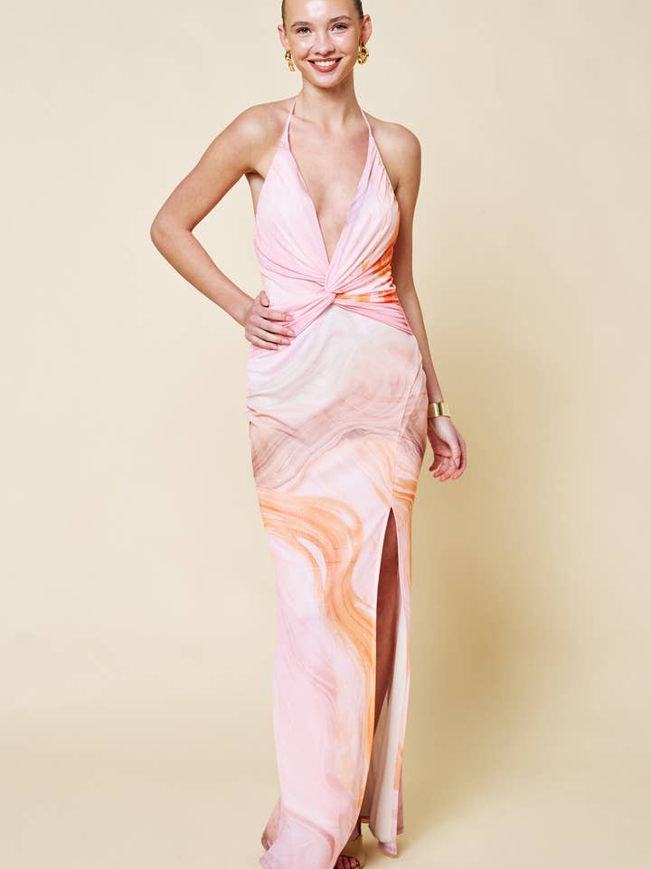 Front Ruched Twist Plunging Halter Maxi Dress for wholesale by Blue Blush