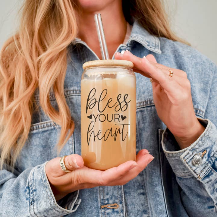 Gia Roma - Wholesale Drinking Glass/Cup - Bless Your Heart | 20oz Tumbler Glass Cups with Lid & Straw