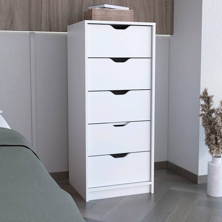 Dresser Enigma, 5 Drawer Narrows, White for wholesale by Yaxa