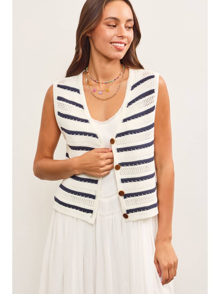IVORY STRIPED BUTTON CLOSURE SLEEVELESS SWEATER VEST for wholesale on Faire