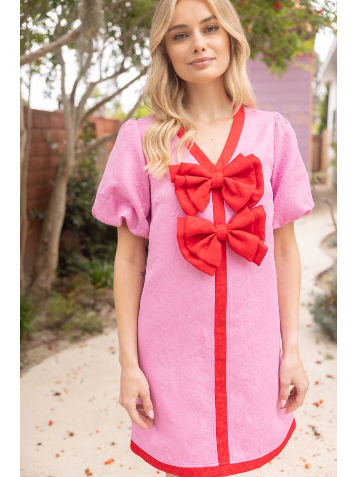 Pink 35718 Double Front Bow Contrast Paisley Jacquard Dress for wholesale on Faire3