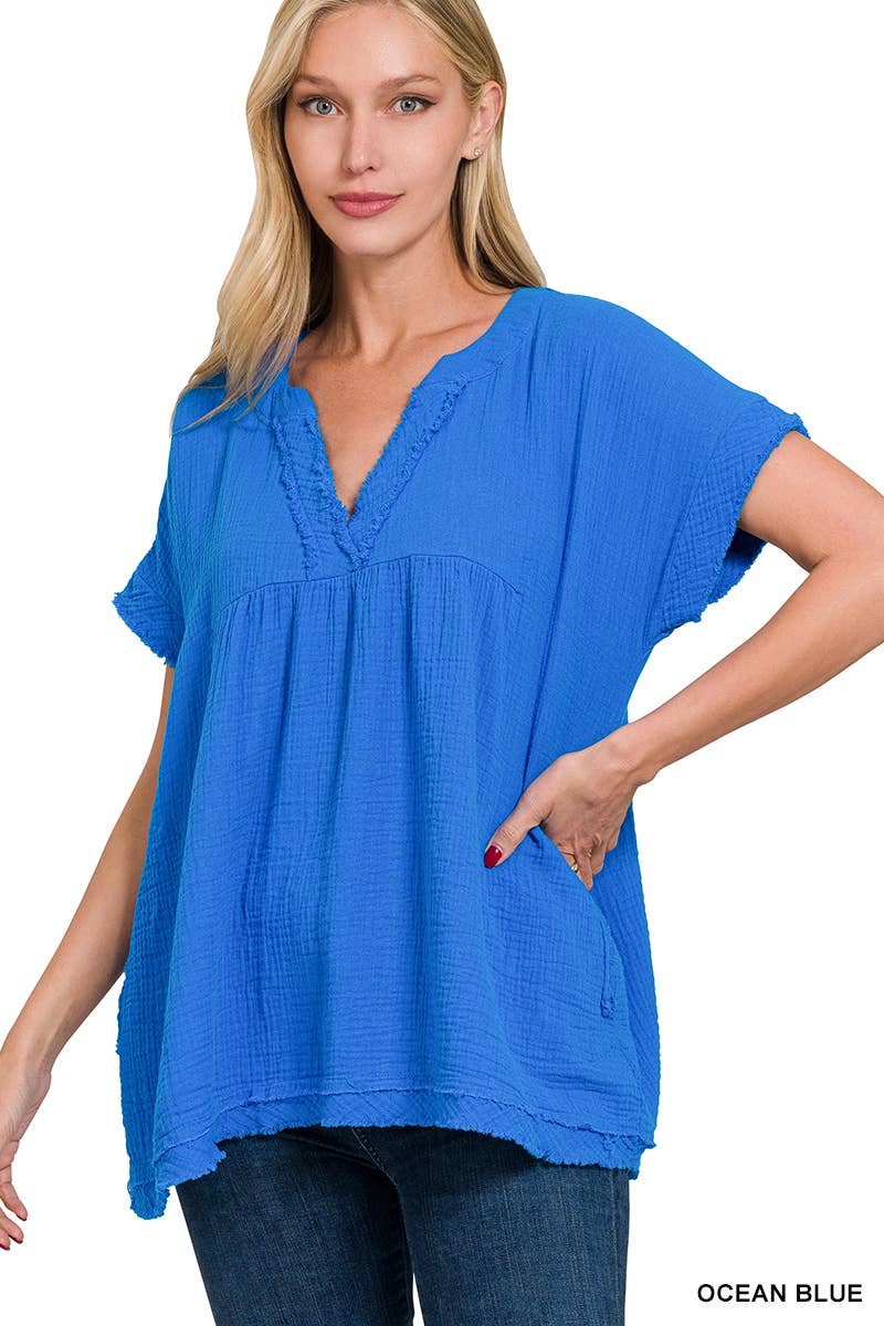 42POPS – wholesale Tunika - Dam – "Rå kant kortärmad V-ringad tröja11