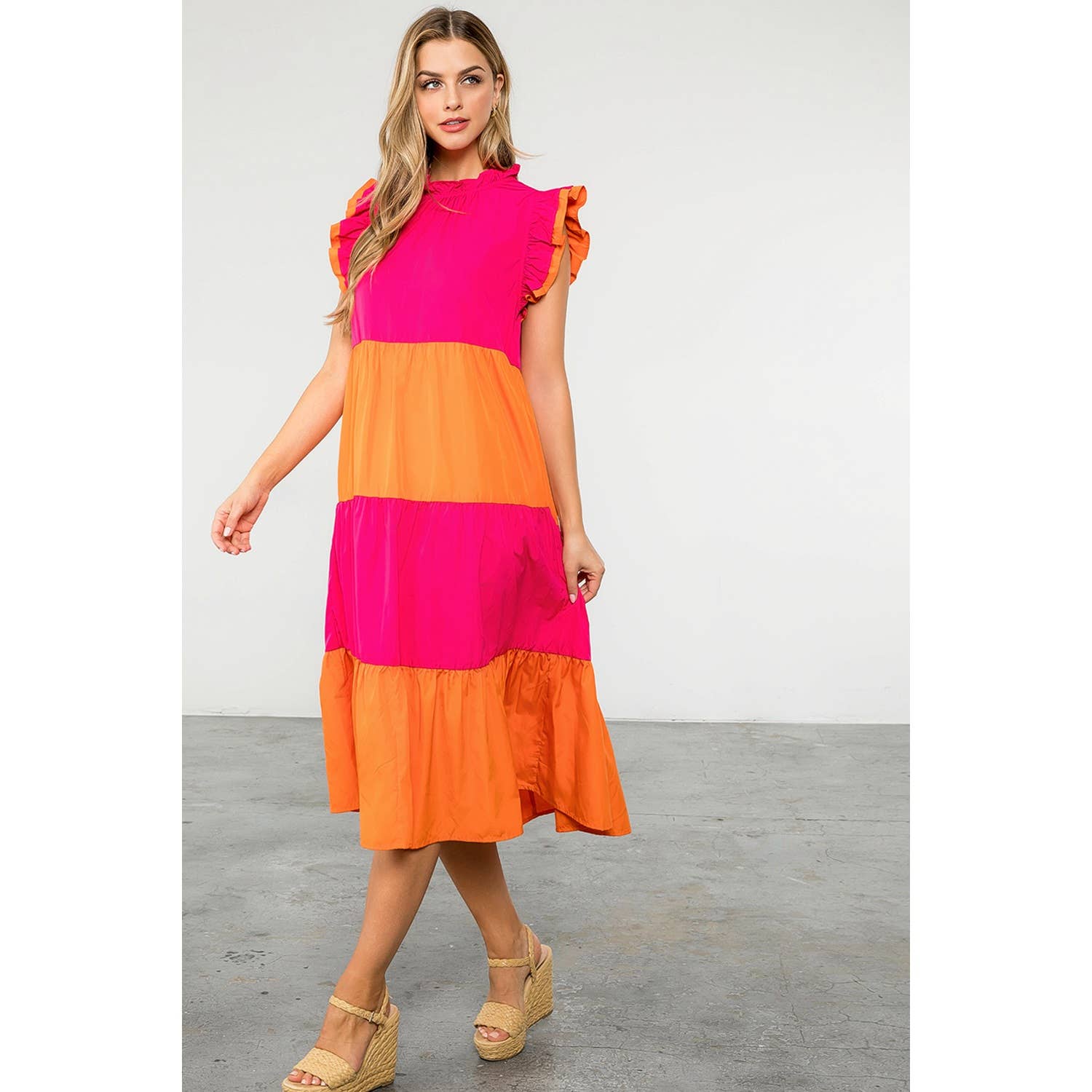 MAGENTA Färgblockerad Midiklänning i Poplin för wholesale på Faire9