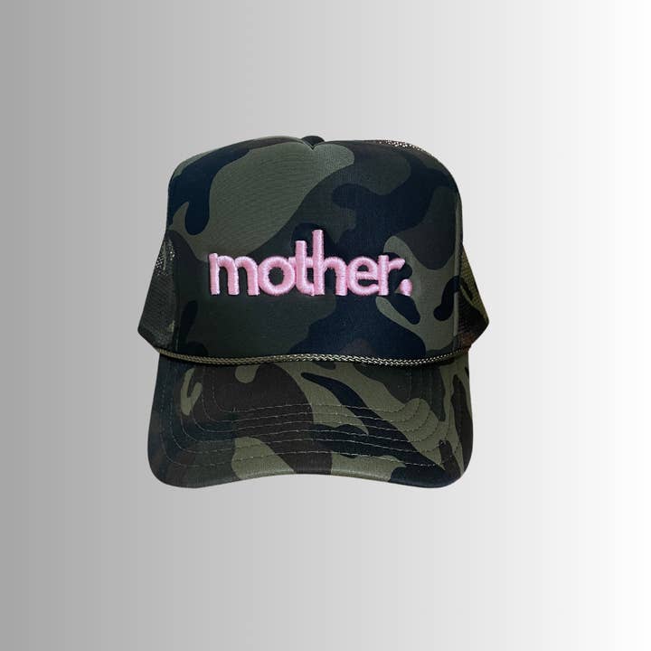 Mother Embroidered Trucker Hat - Camo + Baby Pink for wholesale on Faire