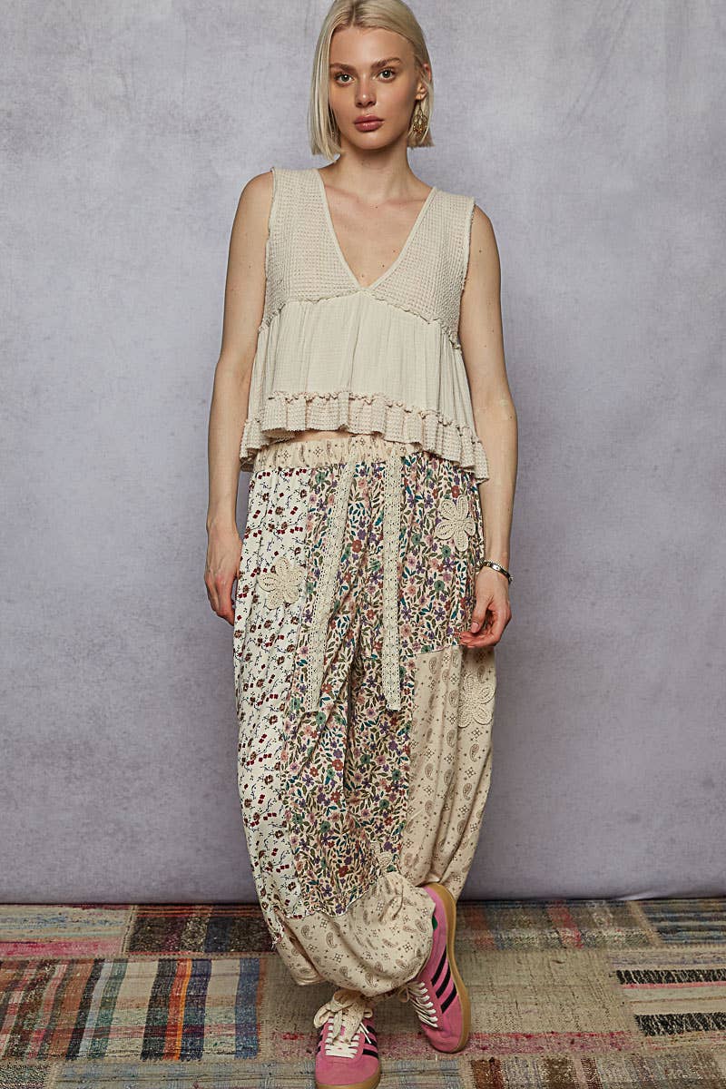 Pol Clothing - Wholesale Knit Top - Women's - Sleeveless contrast thermal cropped babydoll top SALE22