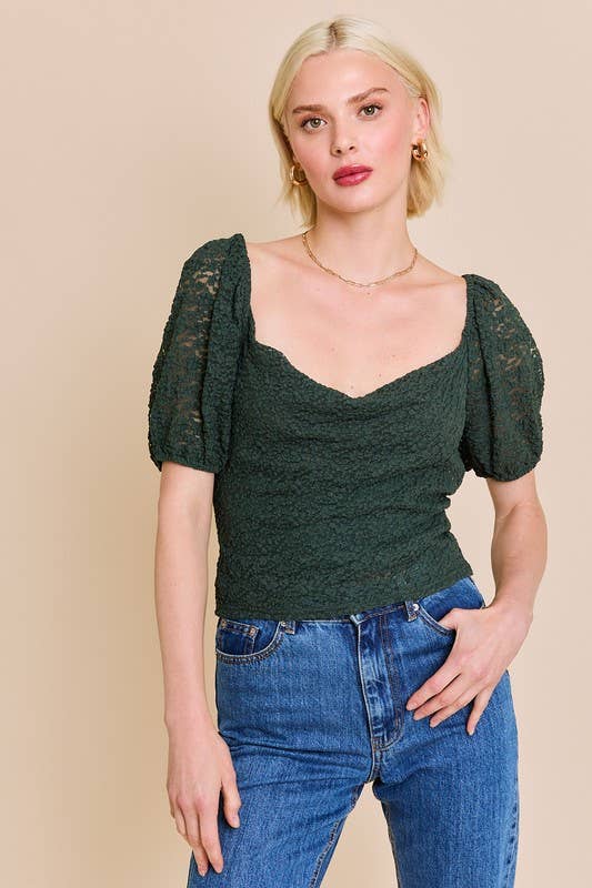 LE LIS - Vente Chemisier – femme - Haut en dentelle à manches mi-longues bouffantes et col bénitier7