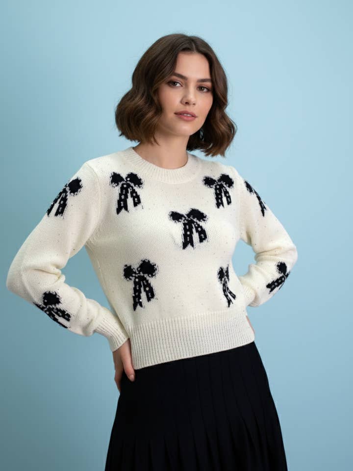 US0001 RHINESTONE BOWTIE SWEATER (WHITE) for wholesale by N by Nancy