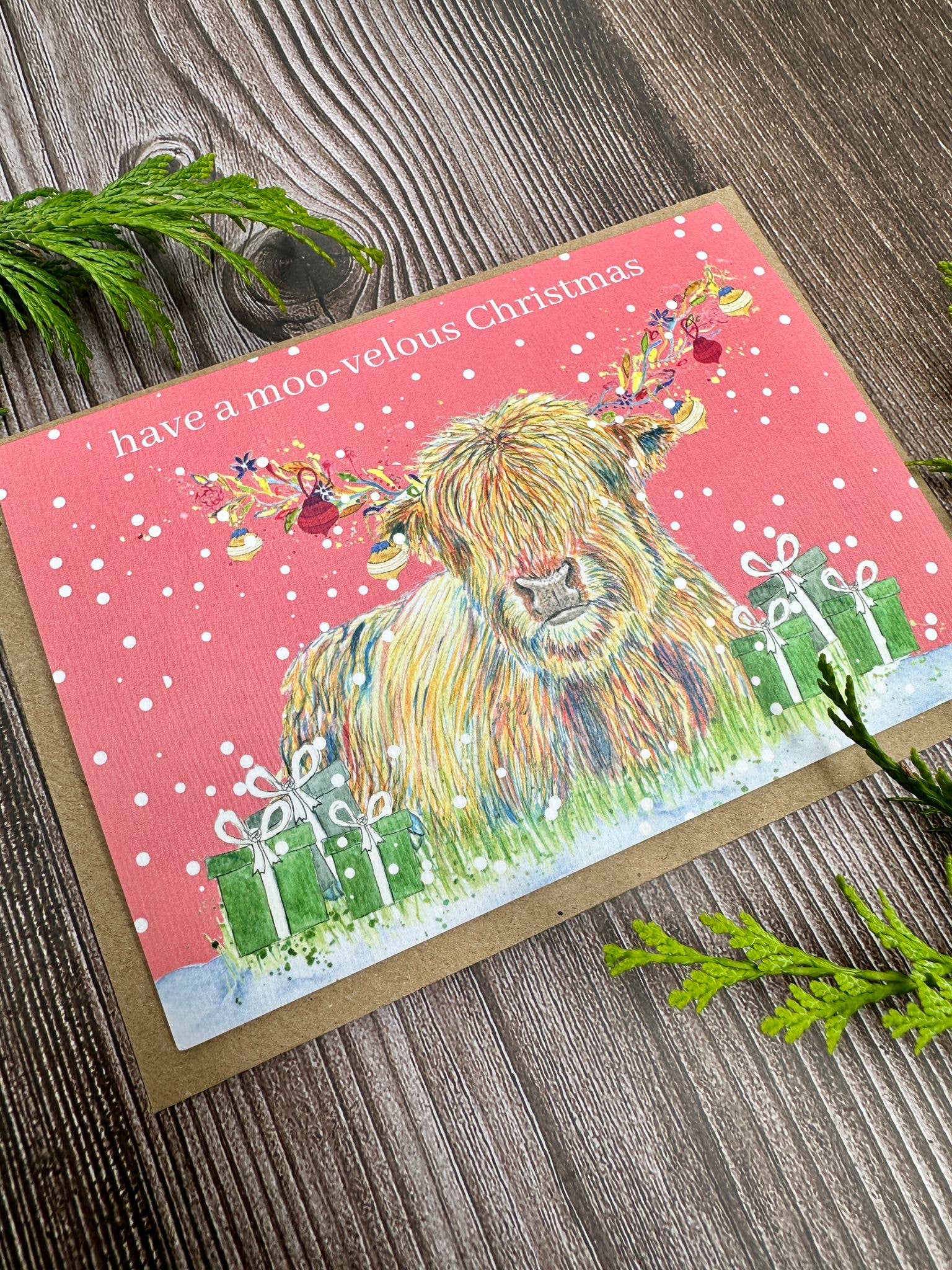 Jen Winnett Eco Artist – wholesale Christmas card – Christmas Highland Cow Eco Friendly Art Card Colourful Funny2