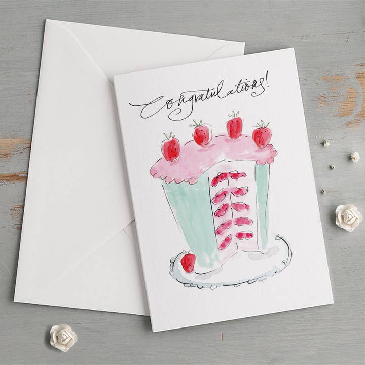 'Gefeliciteerd!' Aardbeientaart Feestkaart voor wholesale door Gabrielle Solly Illustration