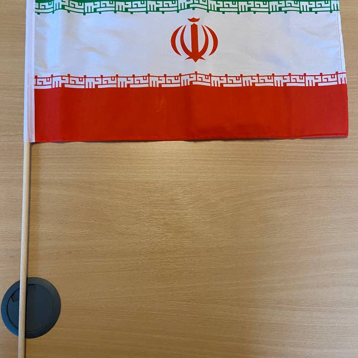 Iran 18"x12" large hand flag (sold in dozens) for wholesale by Worldwide Flags Ltd