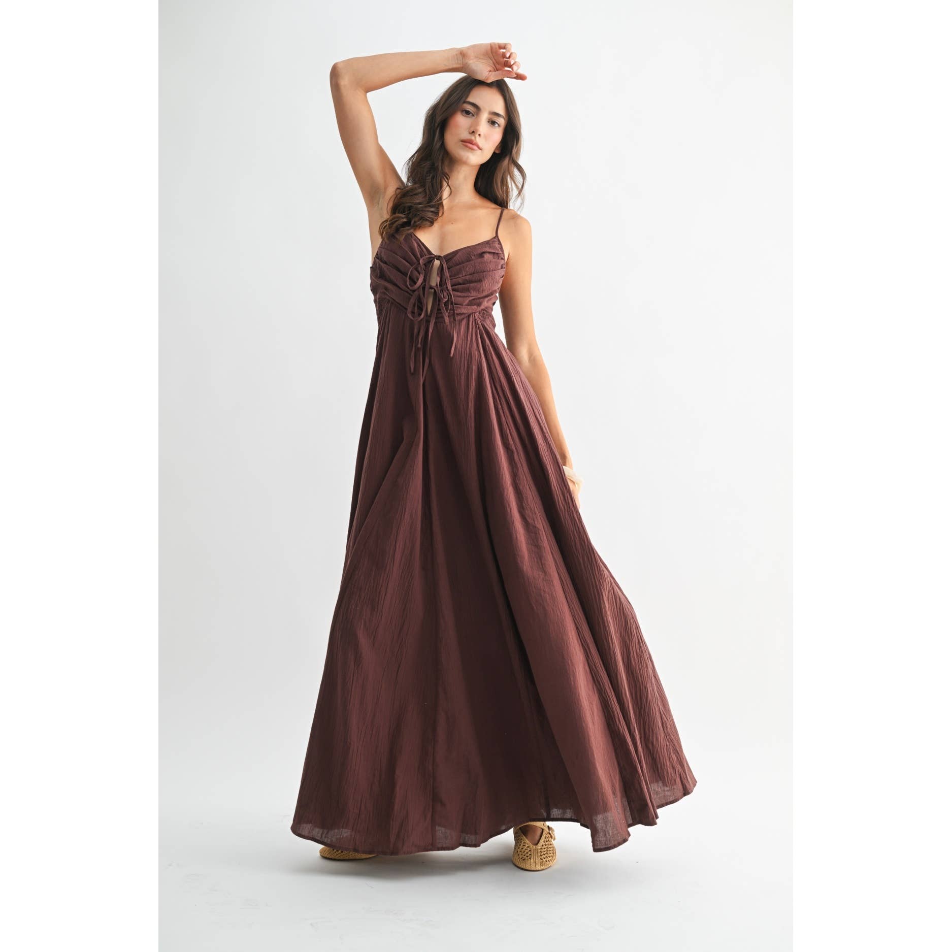 BROWN MAXI DRESS WITH RUCHED BODICE AND ADJUSTABLE STRAP for wholesale on Faire5