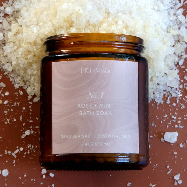 Rose & Mint All Natural Sea Salt Bath Soak / Amber Gift Jar for wholesale by Flora Vesta