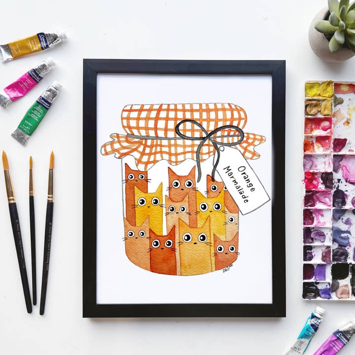 Cat Marmalade Print – Orange Jam Cat Art for wholesale by Owlfeathers Watercolor