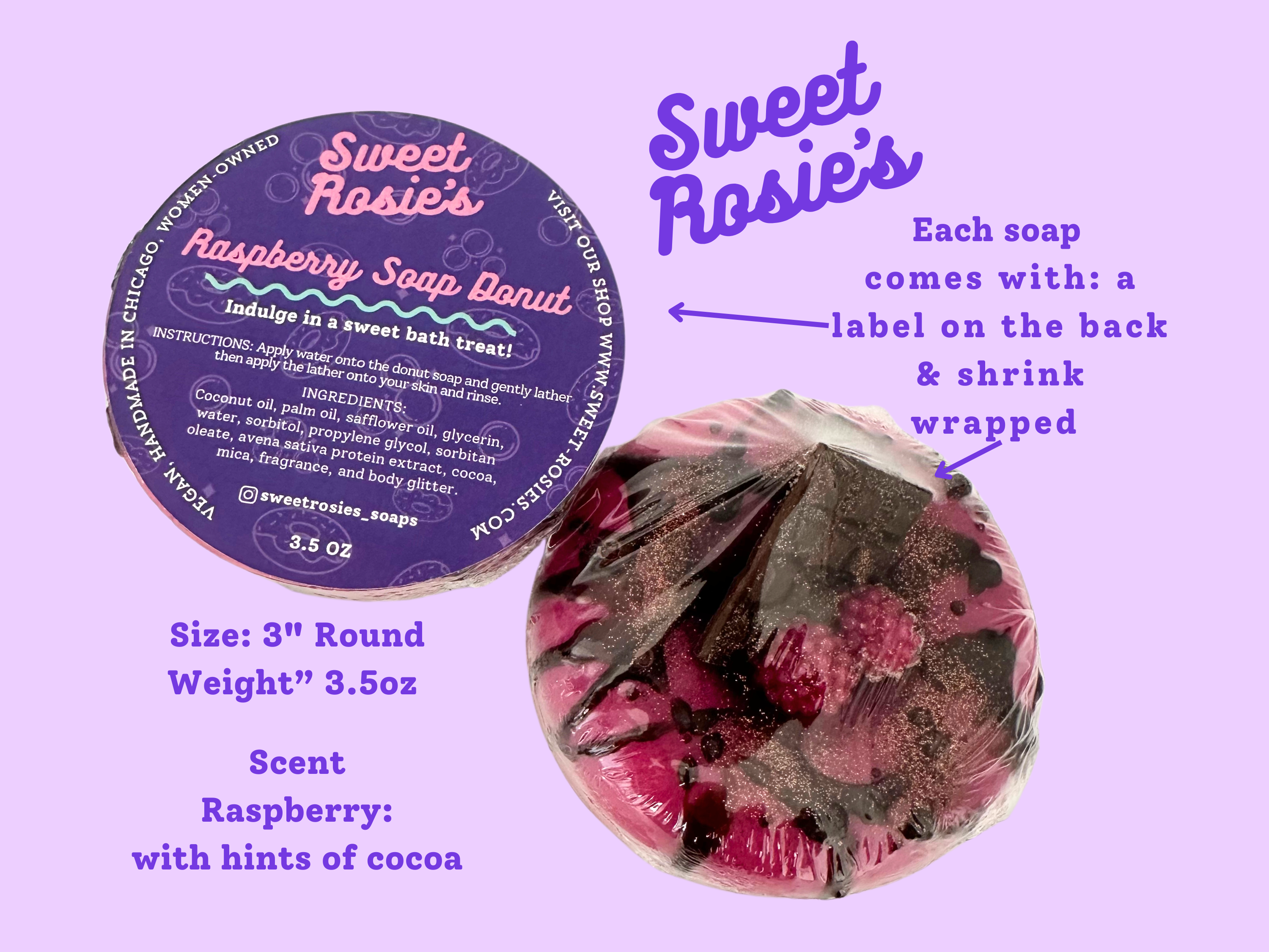 Sweet Rosie’s Soaps & Gifts - Wholesale Bar Soap - Raspberry Chocolate Soap Donut, Vegan, Berry, Coconut Oil2