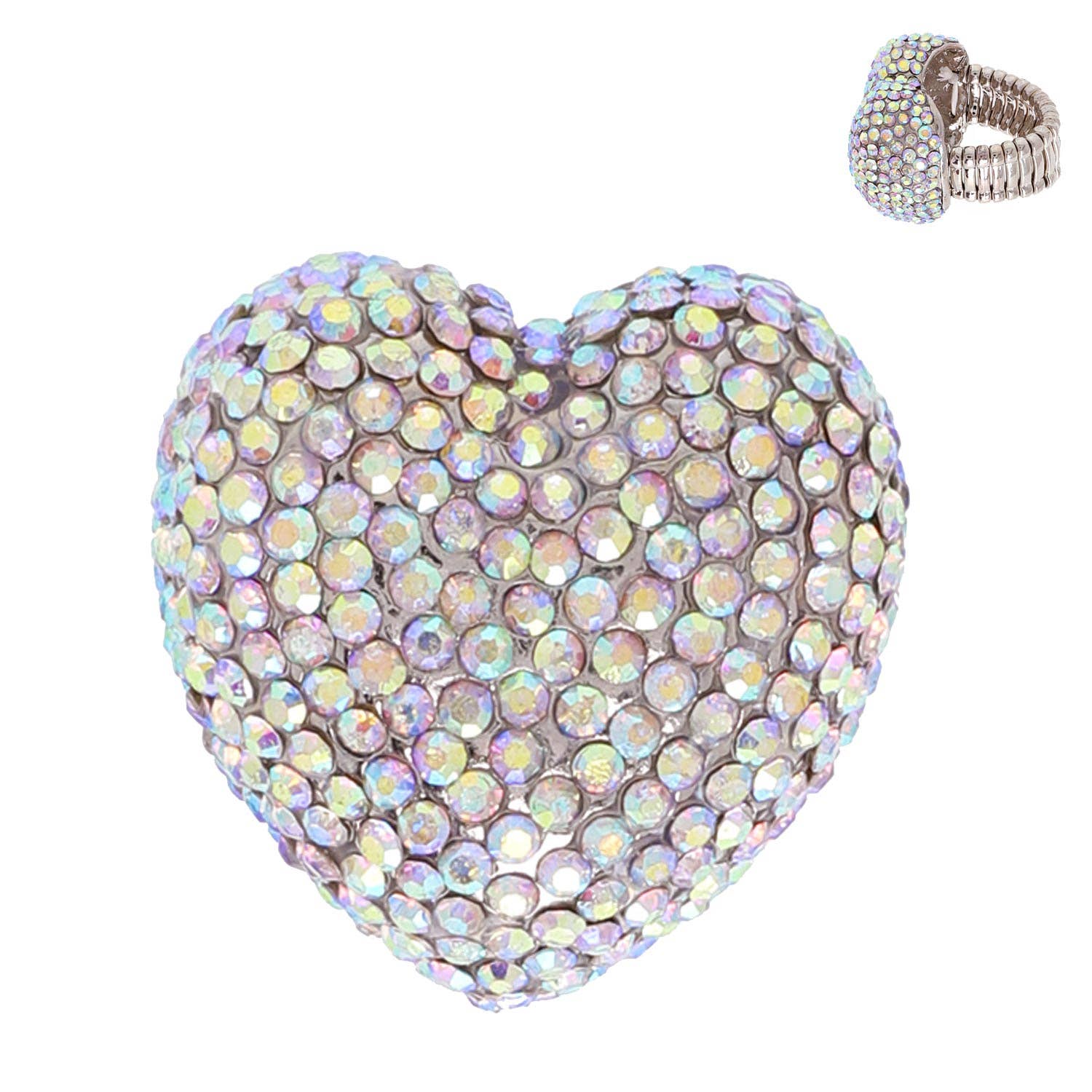 SP Sophia Collection - Wholesale Cocktail/Statement Ring - Crystal Rhinestone Pave Heart Shaped Stretch Ring1