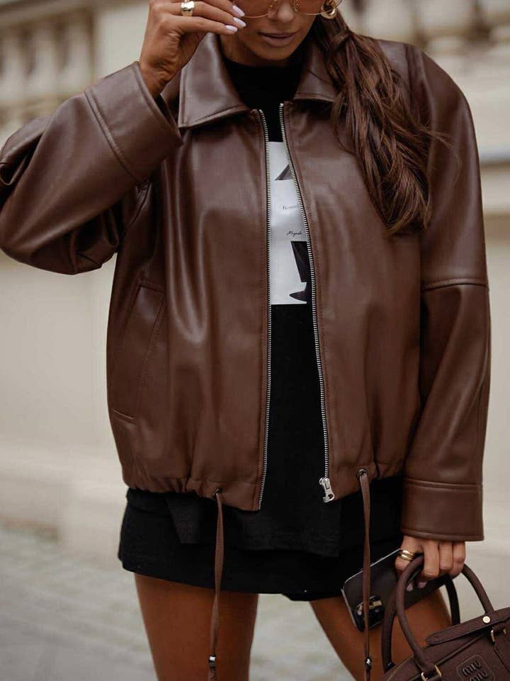 Windige PU-Kunstleder-Reißverschlussjacke - Braun für den Großhandel von Catwalk Wholesale