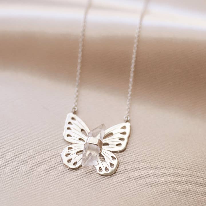 Butterfly Necklace with Quartz Crystal for wholesale by Jewelry Evolution