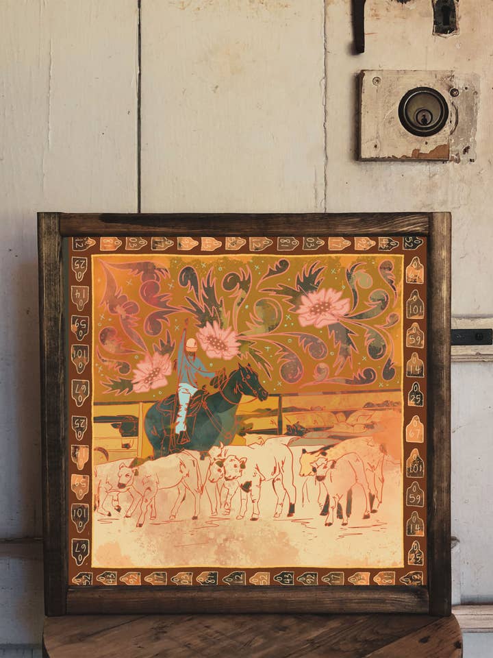 Round Up Floral Cattle Cowgirl Western Art Print for wholesale by Tirzah Lane Art
