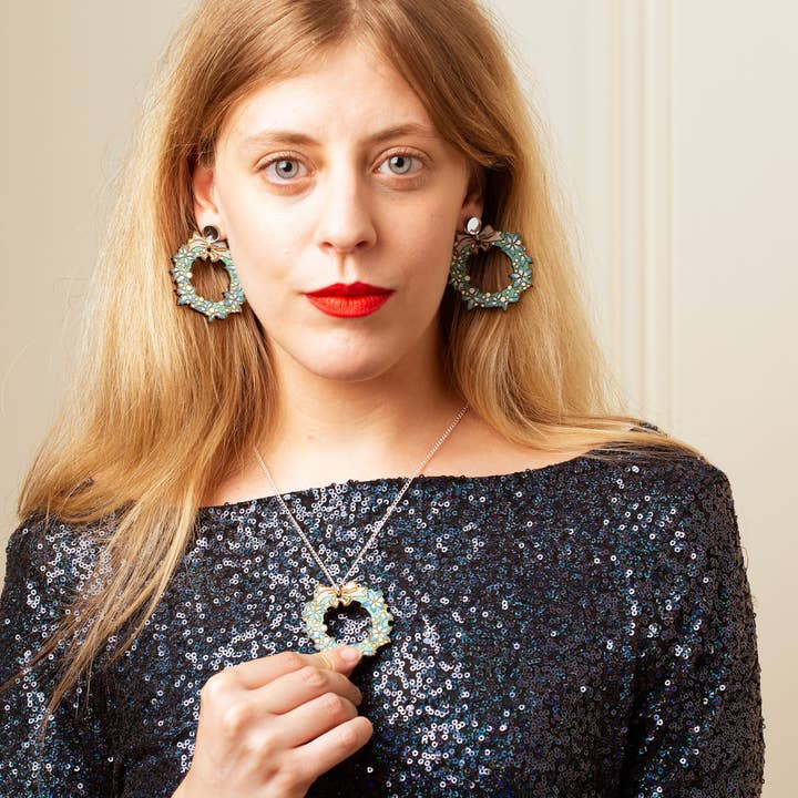 Blue Christmas Wreath Earrings/Necklace for wholesale by Working Clasp