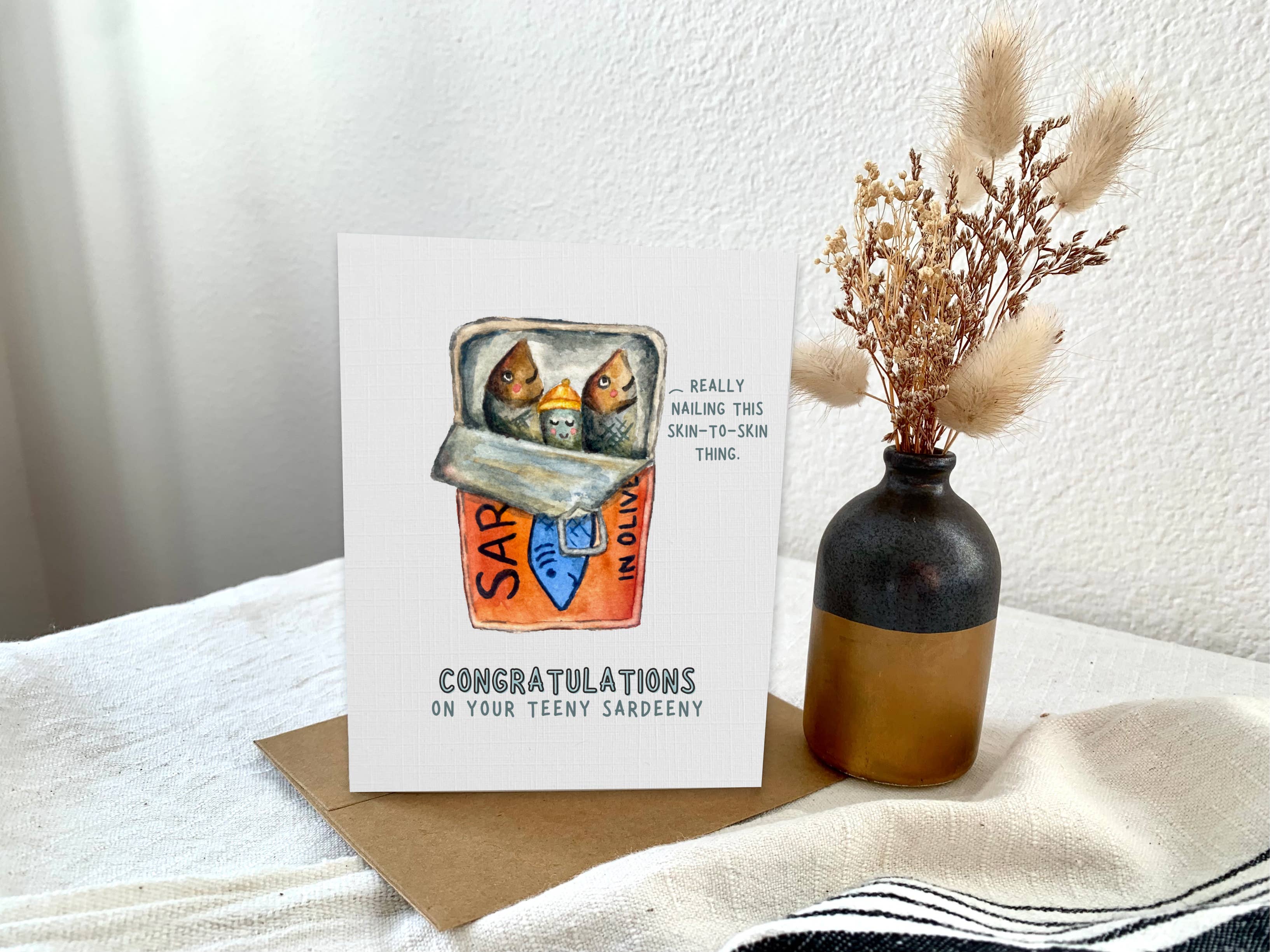 Pink Hill Press - Wholesale Baby Card - Sardines new baby card, Funny tin fish baby shower card, A21