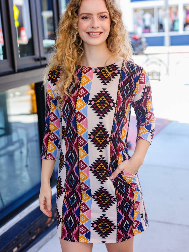 Abito tribale con tasche corallo/tortora/blu per la vendita all'ingrosso da parte di Promenade