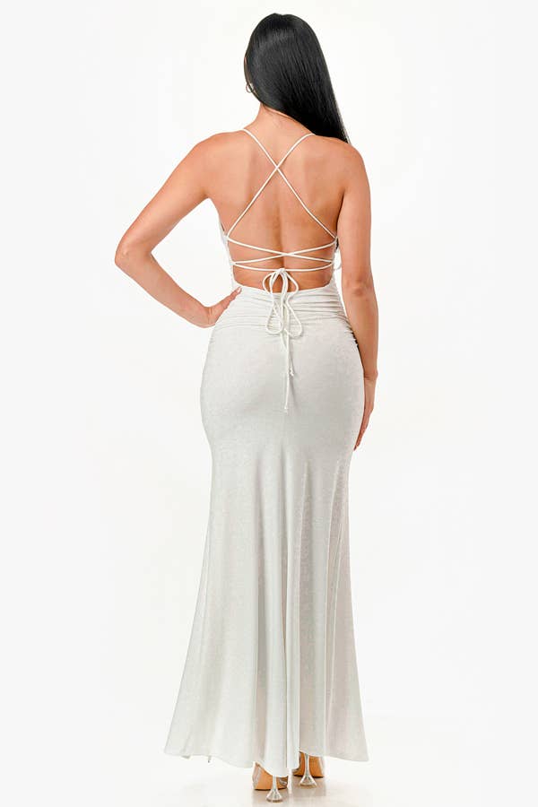 La Scala - Wholesale Dress - Women's - Glittered ITY Back lace up mermaid dress with waist shirring4