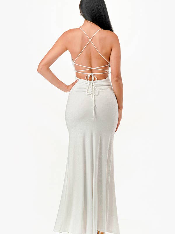 La Scala - Wholesale Dress - Women's - Glittered ITY Back lace up mermaid dress with waist shirring4