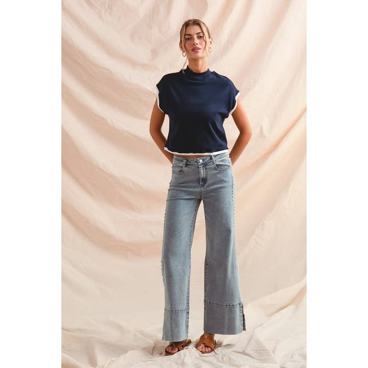 IVE - Wholesale Pants - Women's - Mid Rise Flare Bottom Denim Jeans With Side Pearl3
