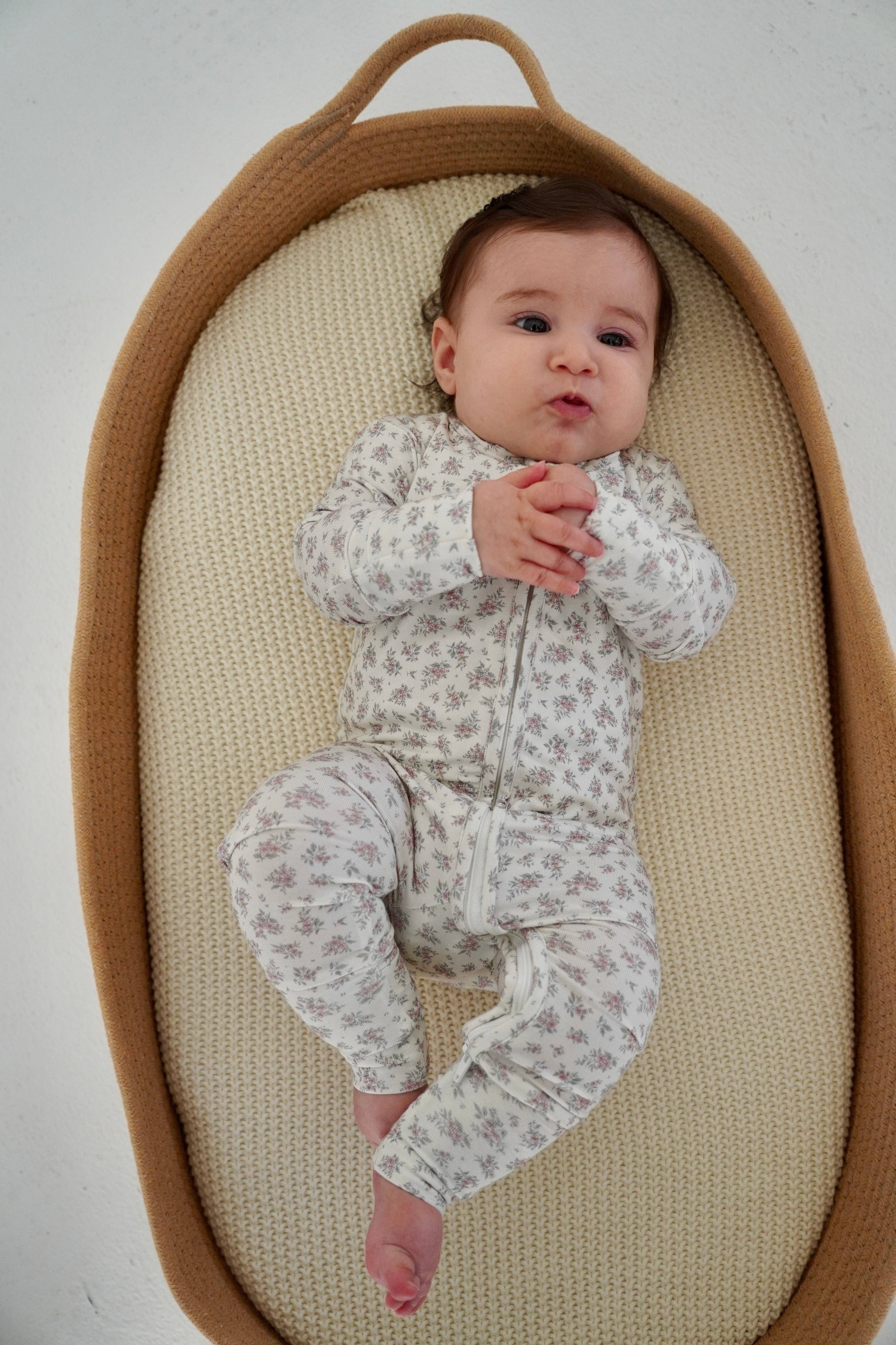 Little Threads - Wholesale Sleepsuit - Baby - Vintage Floral Blush Bamboo Footie3