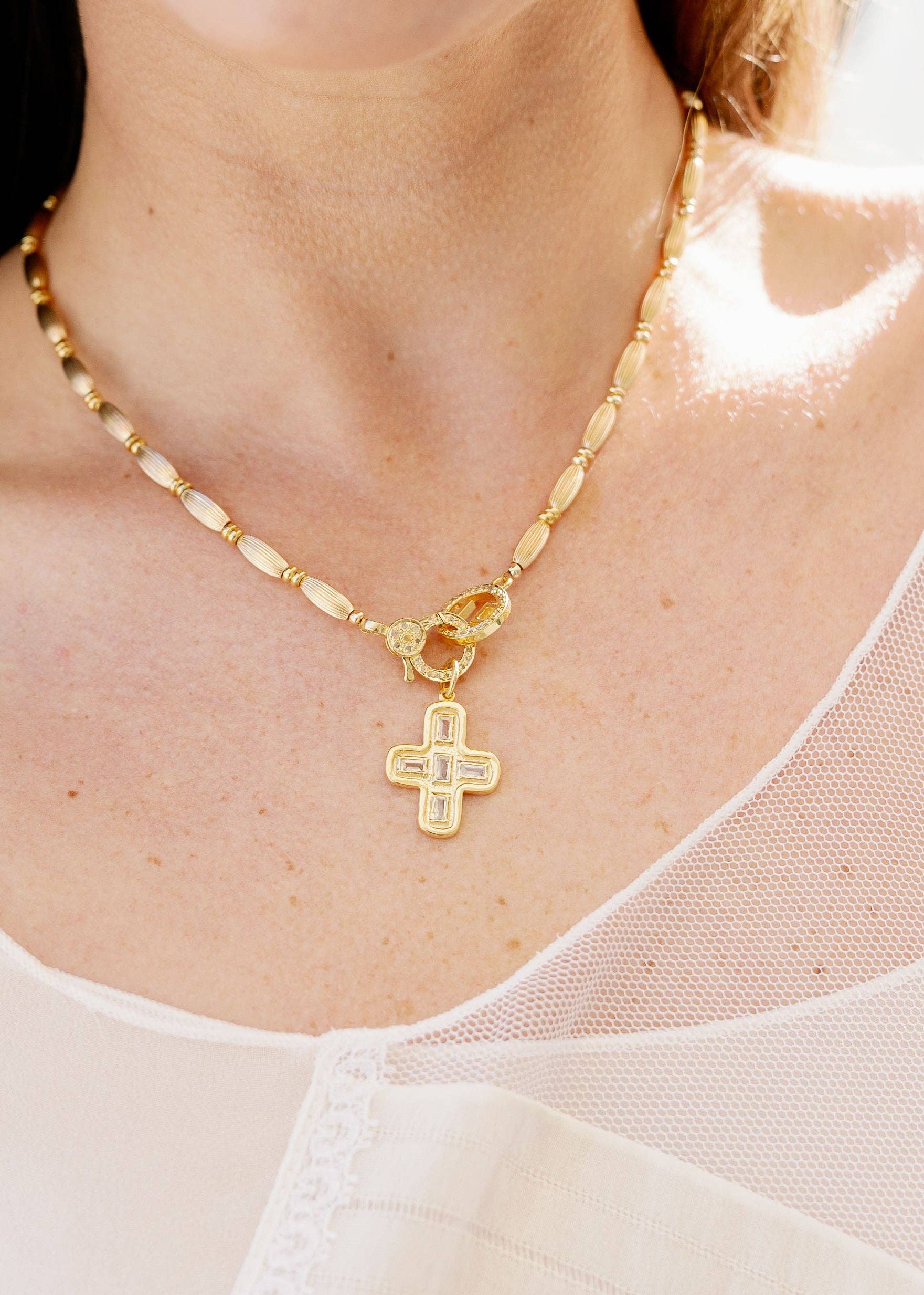 Harvest Jewels - Wholesale Pendant/Charm Necklace - White Topaz Baguette Cross1