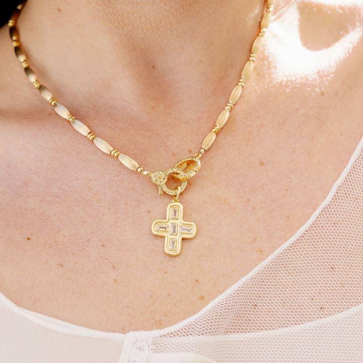 Harvest Jewels - Wholesale Pendant/Charm Necklace - White Topaz Baguette Cross1
