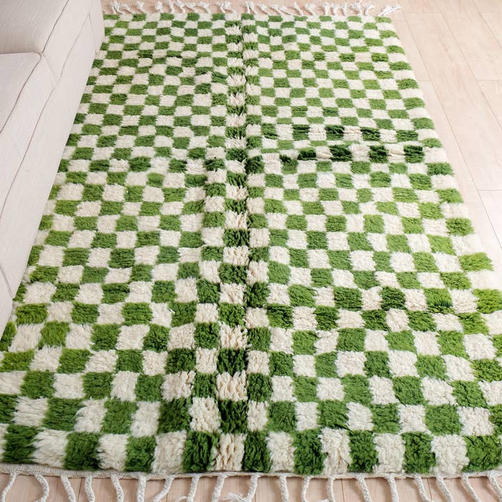 Moroccan Woven Treasures – Engroshandel Løst tæppe – Grøn ternet tæppe, Grøn Shag tæppe, Stort ternet tæppe