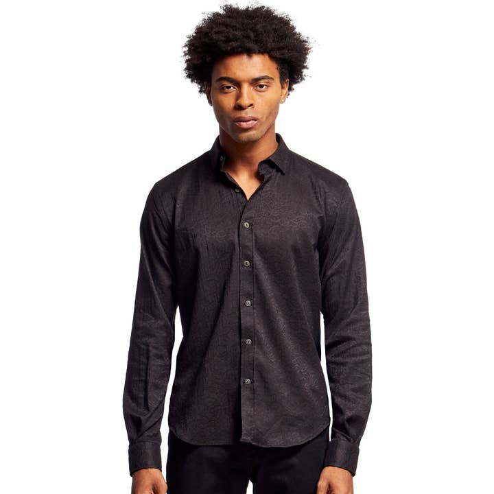 Blomstret Jacquard Slim Fit Button Down Skjorte - Sort for engroshandel hos EIGHT X