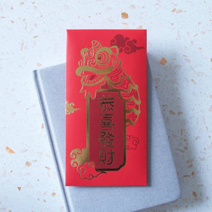 Lion Dance Gold Foiled Red Pocket for wholesale by Hop & Flop