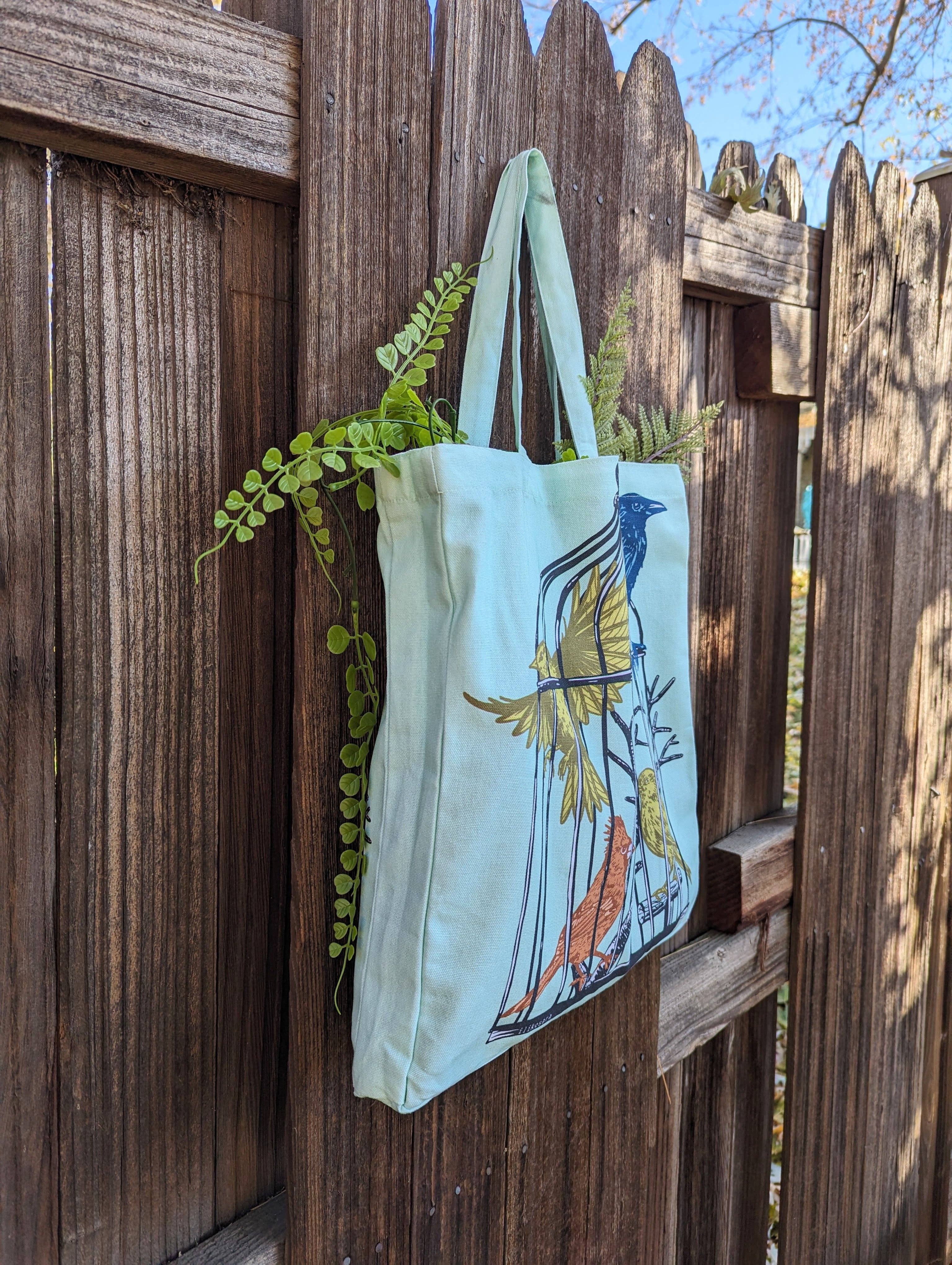 ilikesara | art + goods - Wholesale Tote Bag - Women's - tote bag | caged birds - light blue canvas screenprinted tote3